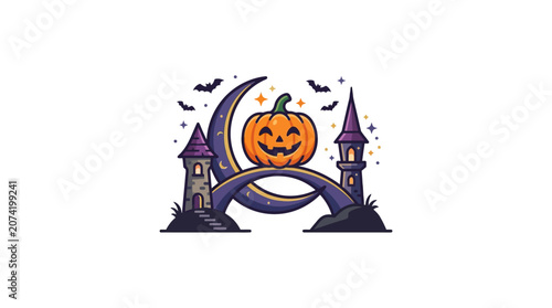 Minimalist flat design Halloween icon featuring a carved pumpkin on a classic gravestone for seasonal celebration