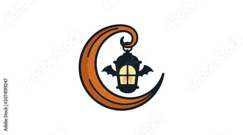 Minimalist flat design Halloween icon featuring a crescent moon intricately carved from a pumpkin with seasonal celebration theme