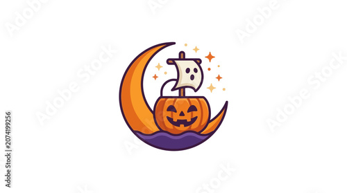 Minimalist flat design Halloween icon featuring a crescent moon holding a floating jack o lantern with white space for seasonal celebration