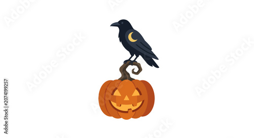 Minimalist flat design Halloween icon featuring a sleek black raven sitting atop a carved jack o lantern with crooked stem in autumn orange against a clean white canvas perfect for seasonal