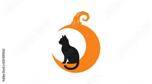 Minimalist flat design Halloween icon featuring a sleek black cat silhouette comfortably nestled inside a carved jack o lantern with glowing eyes and a toothy grin set against a clean white