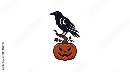 Minimalist flat design Halloween icon featuring a sleek black raven sitting on a twisted old pumpkin with carved spooky face for seasonal celebration and autumn decor in crisp white space