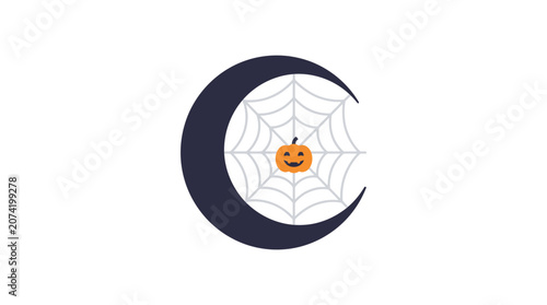 Minimalist flat design Halloween icon featuring a sleek crescent moon with an intricate spider web woven inside for seasonal celebration and spooky festive decor