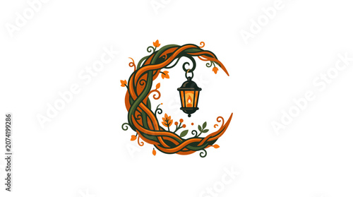 Minimalist flat design Halloween icon featuring a spooky crescent moon with glowing eyes and sharp fangs in a clean white space perfect for seasonal celebrations and festive branding