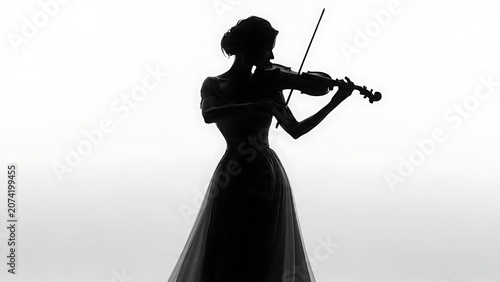 Silhouette of woman with violin against sky.