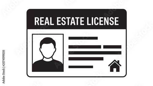 License Card Icon with Real Estate License Text, Portrait Photo Placeholder, and House Symbol for Property Agent Concept