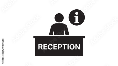 Reception Icon with Information Symbol and Person Behind Desk Featuring Office, Service, Customer with Help and Assistance Elements for Sign, Black