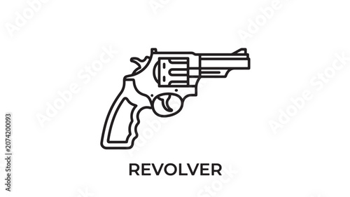 Revolver with Cylinder and Barrel, Black and White Line Drawing Featuring Firearm, Gun, Trigger with Handle and Weapon Elements for Illustration