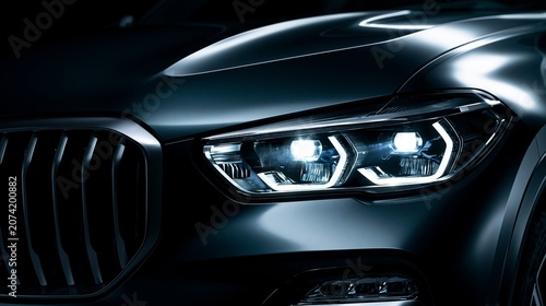 Sleek modern luxury suv headlight design featuring sharp metallic curves and bright glowing led lights in a dark studio setting