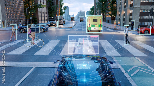 3D render of an Autonomous Electric Vehicle Using AI Object Detection in a Smart City Intersection
