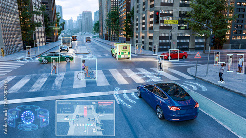 3D illustration of an Autonomous Electric Vehicle Using AI Object Detection in a Smart City Intersection