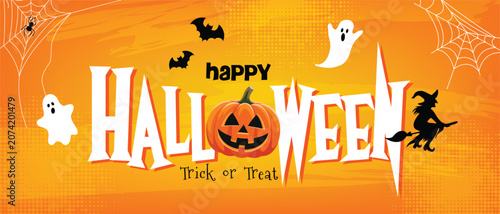 Happy Halloween greeting banner with spooky pumpkin, cute ghosts, bats, witch silhouette, spider webs, and bright orange background. Perfect for festive holiday celebrations.