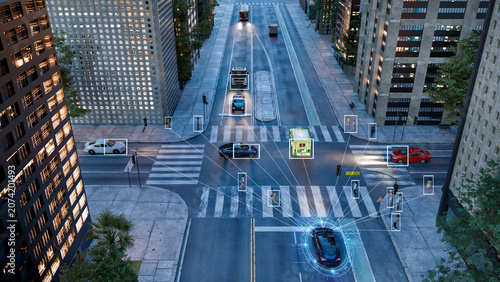 3D render top view of an autonomous vehice with radar obstacle detection at a Smart City Intersection
