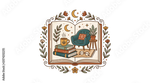 Cozy Reading Nook with Open Book, Stack of Books, Armchair, and Hot Drink
