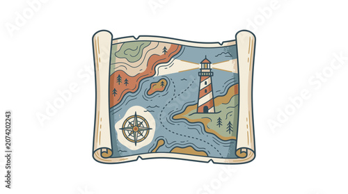 Lighthouse Navigation Map Illustration: Adventure, Discovery, Travel, Nautical Theme