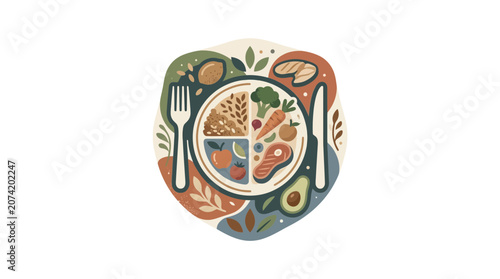 Balanced Diet Plate with Healthy Food, Fruits, Vegetables, Protein, Grains