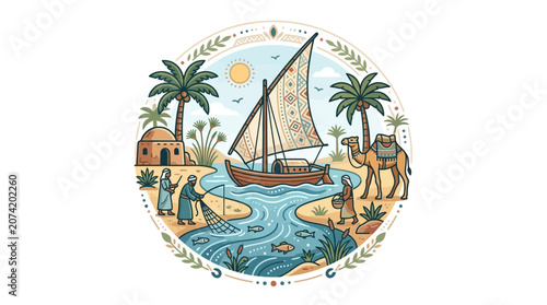 Traditional Dhow Boat Sailing on Nile River, Desert Oasis Life, Camel Caravan, Fishing, Palm Trees