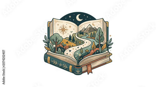 Open book with magical landscape, mountains, river, trees, stars, and moon. Fantasy story.