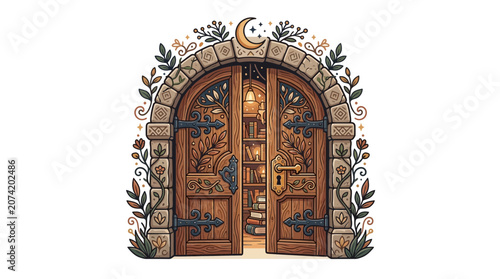 Enchanted Library Doorway: Open Wooden Gate with Books, Moon, and Floral Arch