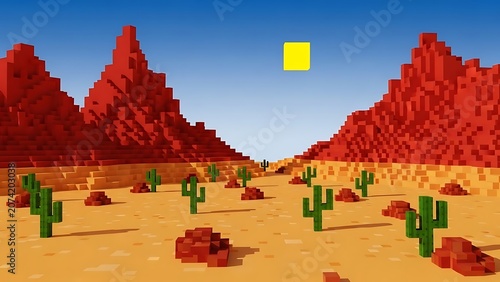 Pixelated Desert Landscape with Cacti and Red Rock Formations.