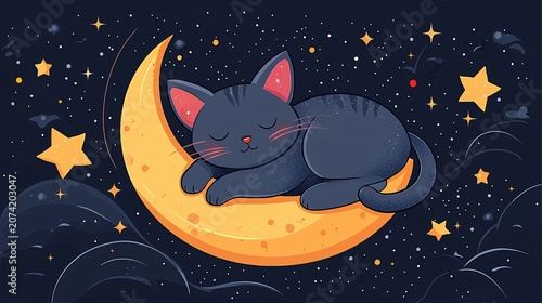 Black Cat Sleeping on Crescent Moon