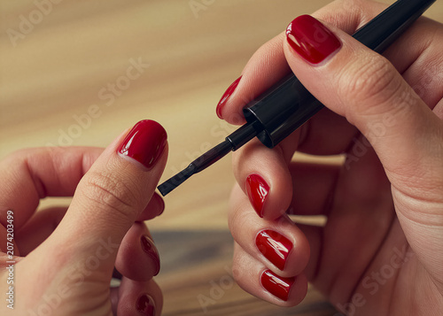 Close-up of female hand with shiny red manicured nails holding nail art brush
