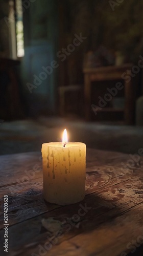 Romantic Burning Candle with Warm Flame and Soft Glow on Dark Background, Candlelight Ambiance