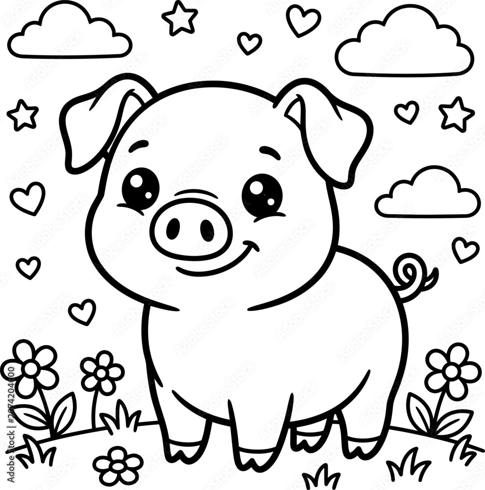 Fototapeta premium Coloring page Cute cartoon pig standing in flowers with clouds and hearts