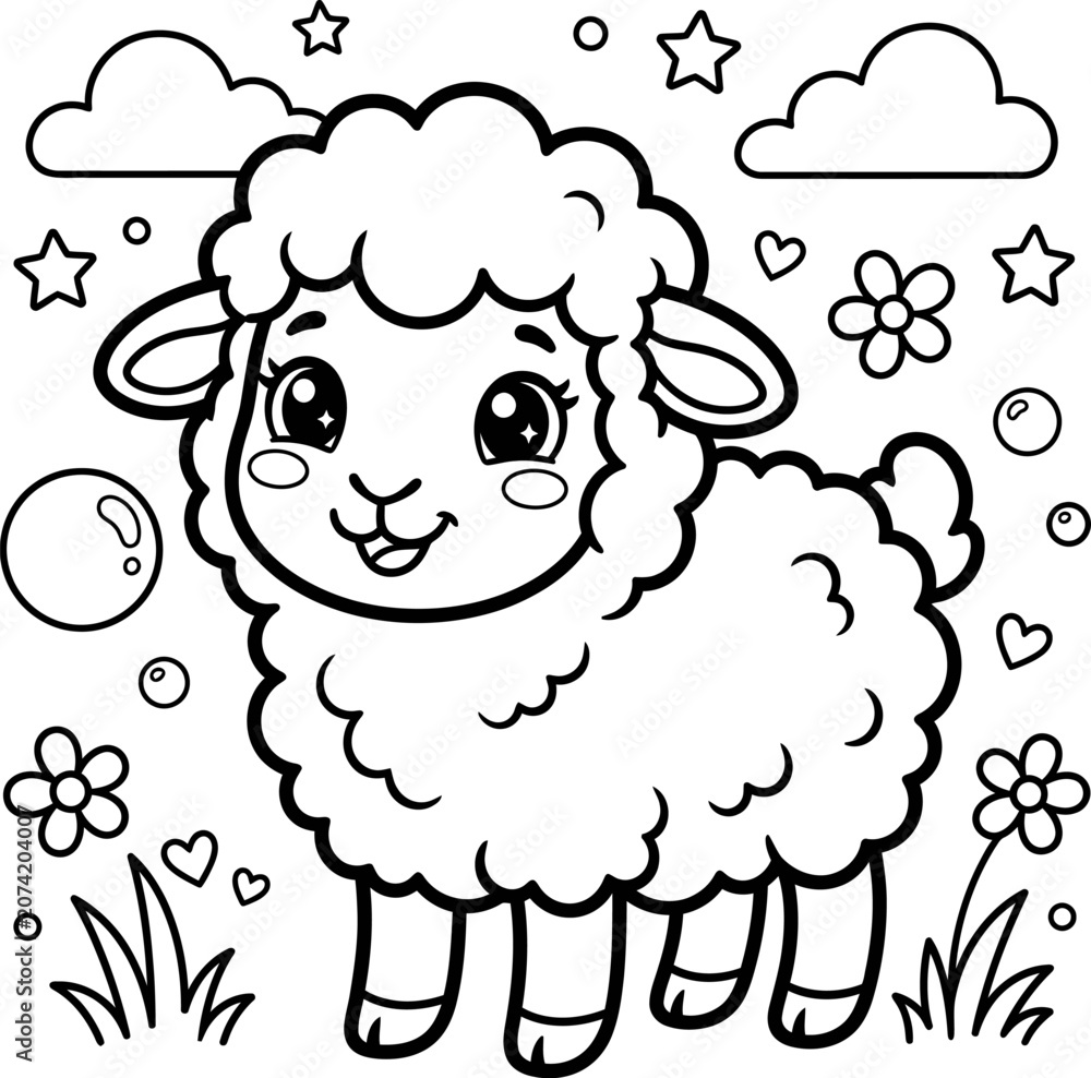 Obraz premium Coloring page Cute cartoon sheep standing in a field with flowers and clouds smiling animal illustration