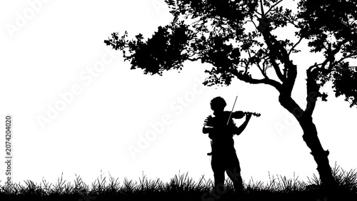 Silhouette of person standing under tree at sunset.