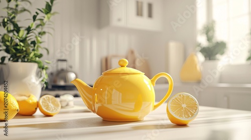 Yellow Ceramic Teapot with Tea Cup on White Background, Traditional Drinkware