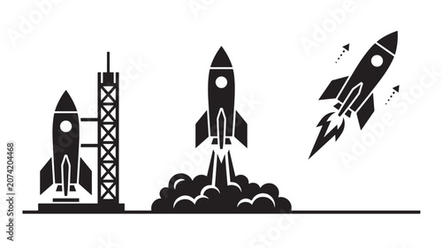 Cuadro en lienzo Rockets Launching From a Launchpad with a Tower and One Rocket in Flight Featuri