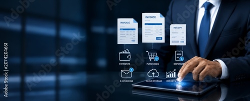 Business Professional Managing Electronic Tax Documents, Online Invoices, Digital Receipt Statements and Paperless Accounting System