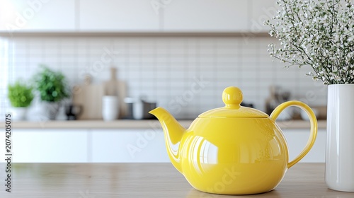 Bright yellow ceramic teapot tidy cozy light kitchen counter still life shot