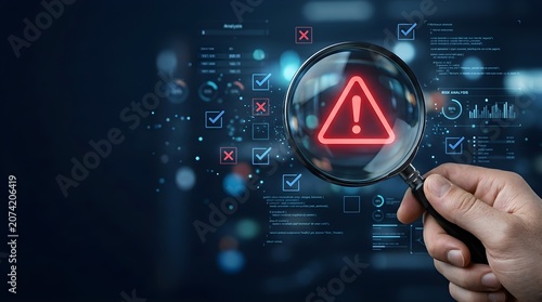 Naklejka Cyber Security Risk Assessment Concept with Magnifying Glass Zooming on Digital Warning Alert Icon