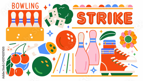 Bowling Collection Vector Illustration Featuring Pins Balls Shoes And Fruit Elements ball strike tenpin