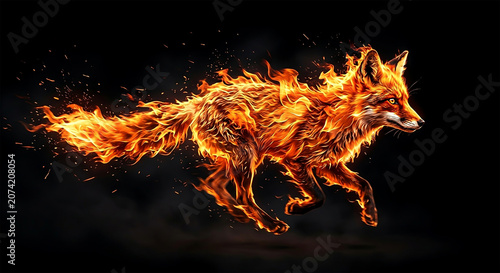 Fox runs through flames in a dark setting, showing movement and intensity in a creative art style