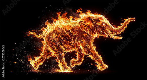 Running elephant made of fire in dark background shows dynamic motion and heat effect