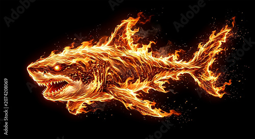 Shark made of fire swimming through dark water in a dramatic scene