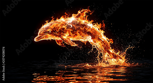 Dolphin leaps from water surrounded by flames while creating large splash at night