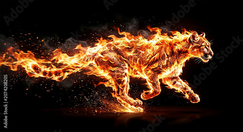 Fire cat runs in bright flames with smoke in the dark background creating a vivid scene of movement and energy