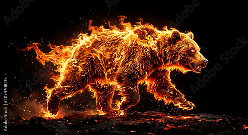 Bear runs through flames as fire surrounds its body and creates a striking visual effect in a dark setting