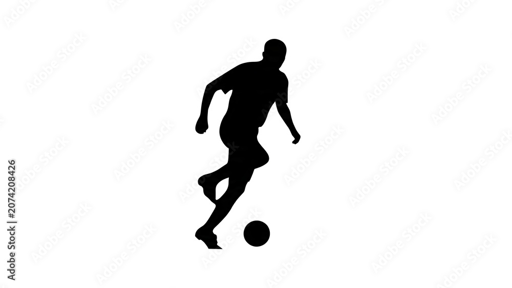 Fototapeta premium Silhouette of person running with soccer ball in motion.