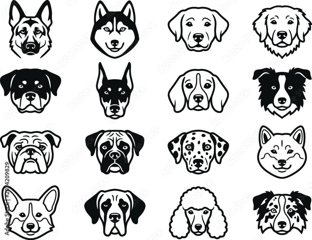 Fototapeta premium Collection of various dog breeds in black and white line art