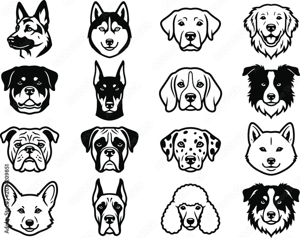 Obraz premium Collection of various dog breeds in black and white illustrations
