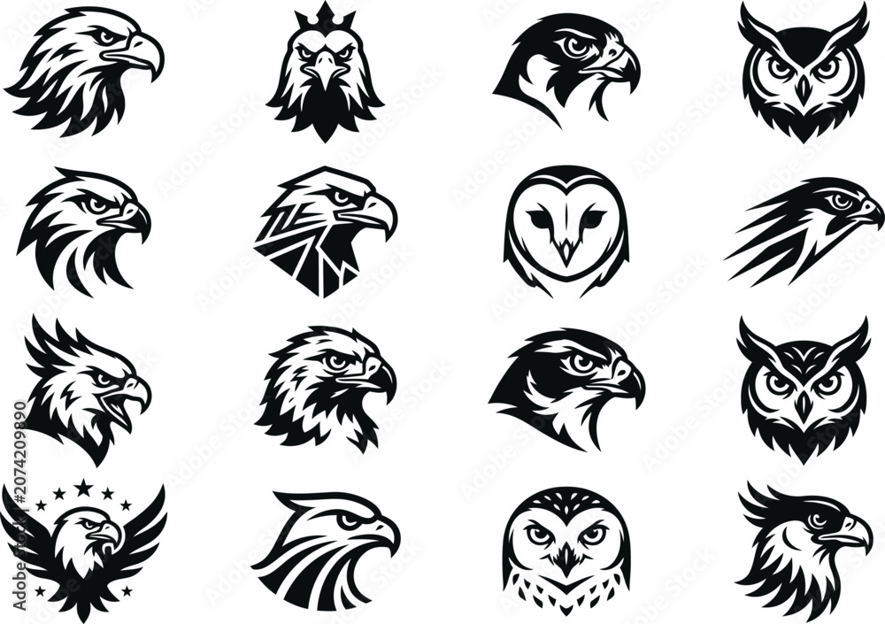 Fototapeta premium Collection of various bird head logos and icons in black and white