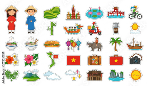 Foto Cute Vietnam travel stickers set with kawaii vietnamese culture icons