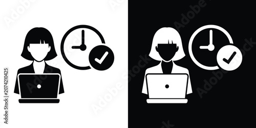 Foto Businesswoman working on laptop with clock and checkmark