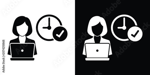 Obraz na płótnie Businesswoman working on laptop with clock and checkmark