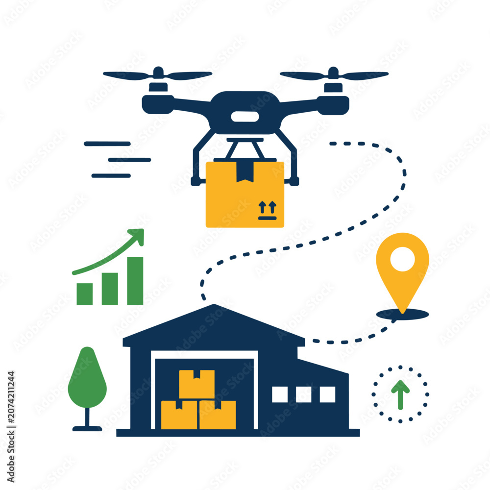 Obraz premium Modern low altitude economy drone delivery vector graphic elements for business data and commercial infographic design